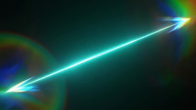 エレクトリックターコイズのビームが黒背景を水平に鋭く切り裂き、ネオンハローとプリズム状アーティファクトがきらめく映像。
強烈で冷たい発光がサイバーなムードを作り、精密で近未来的な印象を形成。