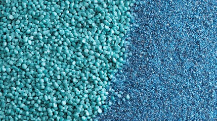 Obraz premium Half-screen with flying plastic granules, commercial style, exciting, blue-turquoise.Concept: Product advertisement, dynamic motion, commercial visual, consumer goods, playful, modern marketing, eye-c