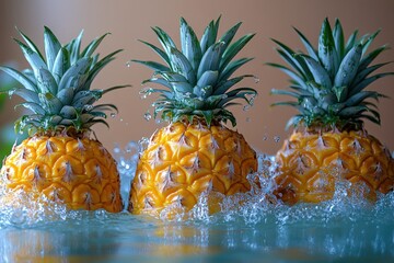 Three Ripe Pineapples in Dynamic Water Splashes. Excellent for Tropical Food, Drink and Healthy Lifestyle Marketing