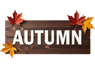A rustic wooden sign adorned with vibrant autumn leaves