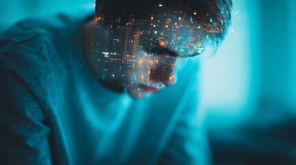 A thoughtful young man is illuminated by a digital overlay, suggesting a blend of technology and introspection.
