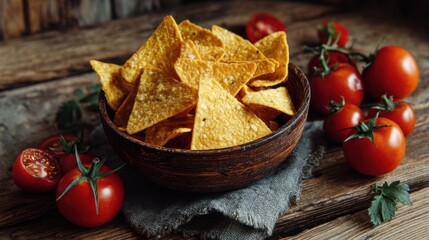 A bowl filled with golden tortilla chips sits on a gray cloth. Fresh red tomatoes surround the bowl on a weathered wooden table creating a tasty snack scene perfect for gatherings.