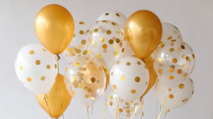 A collection of gold and white balloons filled with shiny confetti dots adds charm to party decorations. Perfect for birthdays anniversaries or festive gatherings at any time.