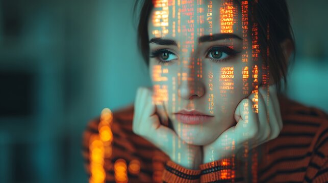 A thoughtful young woman gazes into the distance, her face overlaid with glowing digital data, reflecting a blend of emotion and technology.