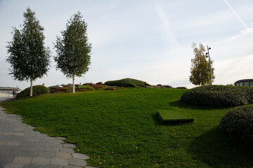 A beautiful green lawn in Zaryadye Park in Moscow in summer