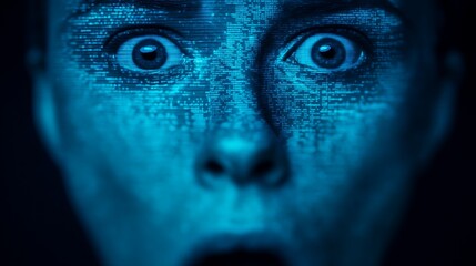 A digital face displays a shocked expression, illuminated in blue tones, with text patterns overlaying the skin, symbolizing technology and emotions.