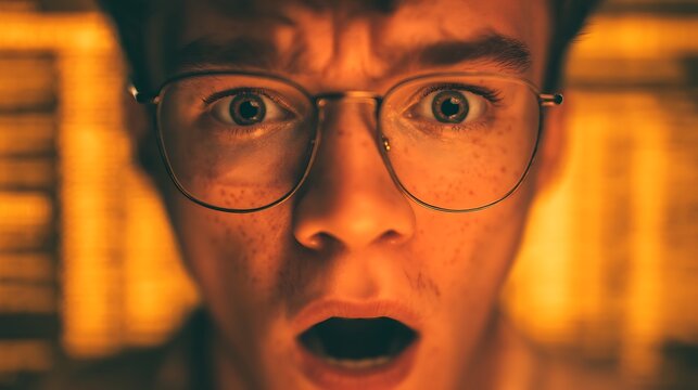 A surprised young man with glasses, illuminated by an orange glow, conveys shock and astonishment in a dramatic setting.