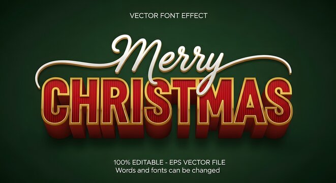 Festive merry christmas vector font effect with elegant white script and bold red 3d lettering, accented with gold, on a rich green background