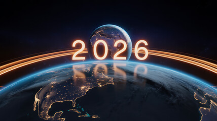 Digital representation of the year 2026 glowing above a stylized view of planet earth from space with city lights visible on the dark side