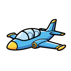 Cartoon illustration of a blue and yellow airplane with a sleek design.
