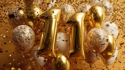 Balloons in gold and white hues feature the number 11 prominently. Bright confetti falls around them creating a festive atmosphere for a special birthday party.