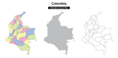 Colombia map. Set of three vector maps of Colombia showing political divisions, silhouette, and outlines on a white background.