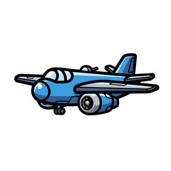 Cartoon illustration of a blue airplane with wings, windows, and a landing gear, ready for flight.