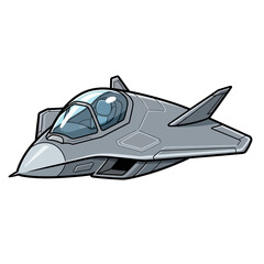Cartoon illustration of a modern gray stealth fighter jet with a pilot visible in the cockpit, isolated on a white background.