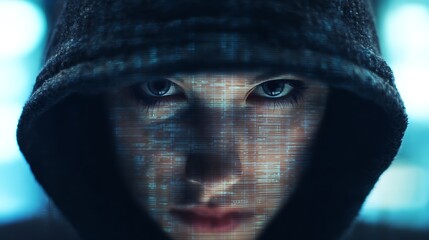 A hooded figure stares intensely, surrounded by digital code, symbolizing themes of technology, mystery, and cybersecurity.