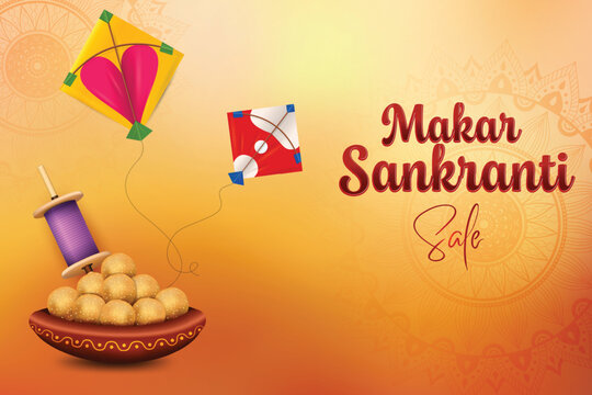 Makar Sankranti Festive Celebration With Kites and Sweets On Yellow Color Background. Grand Theme Festival Offer Sale Landing Page Vector Illustration.