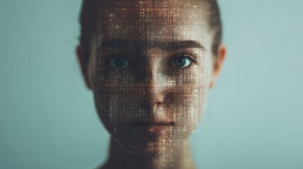 A digitally enhanced portrait of a woman, with a matrix of code overlaying her face, symbolizing the fusion of technology and humanity.