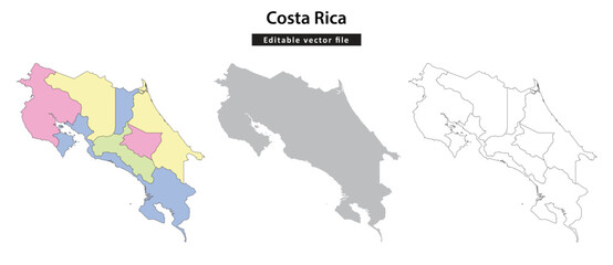 Costa Rica map. Editable vector map set of Costa Rica showing political divisions, solid shape, and outline for geographic and administrative purposes.