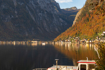 Hallstatt Alpine Village and Autumn Reflections on Mountain Lake