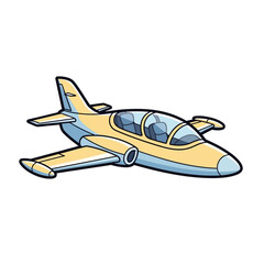A stylized cartoon illustration of a small yellow and blue jet aircraft isolated on a white background.