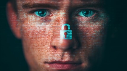 A digital portrait of a person with a pixelated lock overlay, symbolizing cybersecurity and privacy in a tech-driven world.