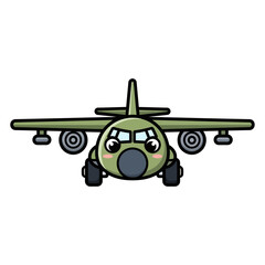 Cartoon military airplane with big eyes and landing gear.