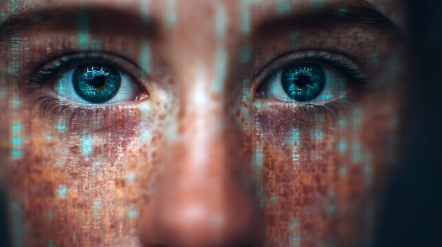 A close-up image of a face with digital patterns overlaying the skin, highlighting eyes with a futuristic, tech-inspired aesthetic.