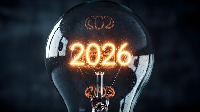 Illuminated 2026 inside a lightbulb future ideas and innovations concept