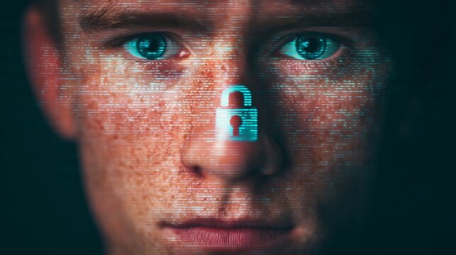A digital portrait of a person with a pixelated lock overlay, symbolizing cybersecurity and privacy in a tech-driven world. - Powered by Adobe