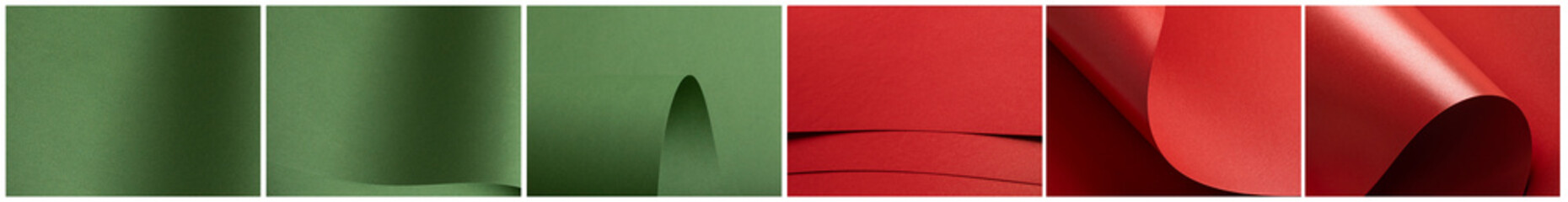 Fototapeta premium Six curved red and green sheets present smooth matte rolls with gentle sculpted lines and soft