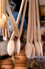 Traditional items made of hard wood for cooking.