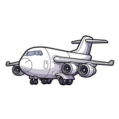 A cartoon illustration of a large white four-engine jet airplane on a plain background.