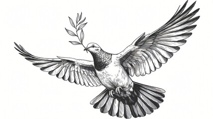 Detailed black and white ink sketch of a flying dove holding an olive branch