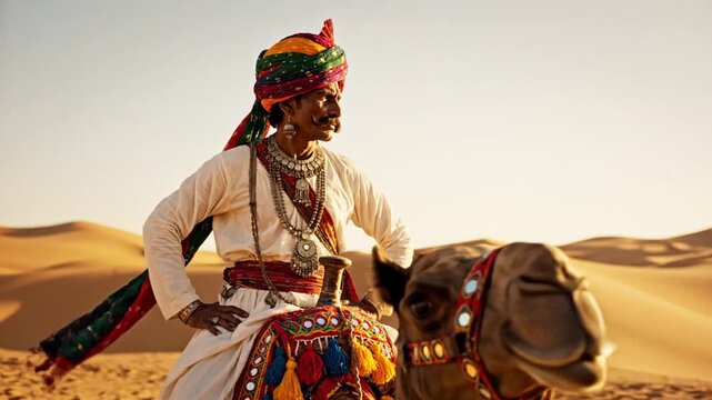 Traditional Rajasthani man riding a decorated camel through Thar desert dunes