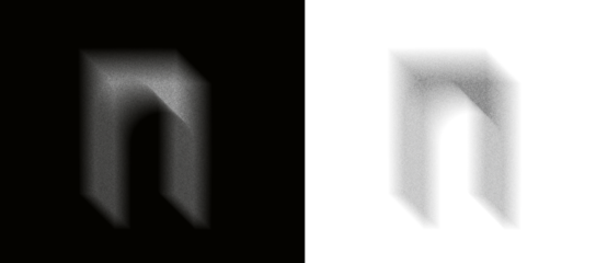 grain-filled glowing arch shape emerges from deep darkness creating a soft diffused silhouette with