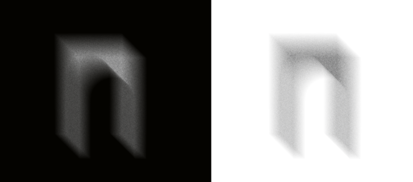 grain-filled glowing arch shape emerges from deep darkness creating a soft diffused silhouette with