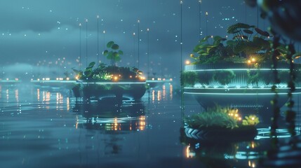 Serene floating islands aglow in the twilight reflections on waters in a futuristic cityscape