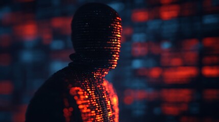 A digital silhouette composed of glowing binary code against a backdrop of vibrant red and blue, symbolizing technology and data.