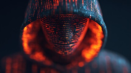A mysterious figure with a hood is illuminated by glowing binary code, creating a futuristic and digital atmosphere.