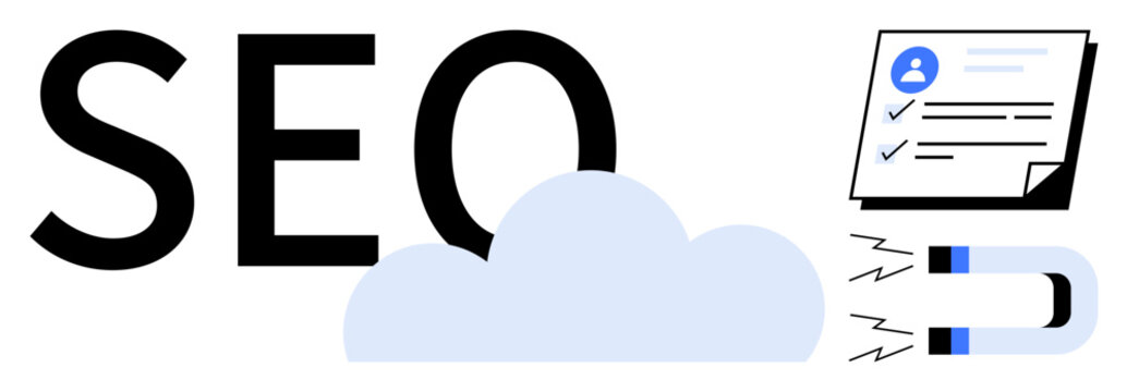 SEO text, cloud, checklist with user profile, and magnet with arrows. Ideal for digital marketing, content strategy, online growth, branding, lead generation user engagement simple flat metaphor