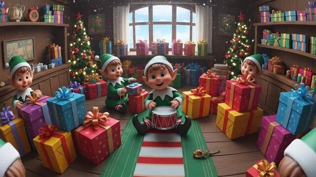 A Festive Elf Village Scene With Playful Holiday Preparations and Gift Wrapping