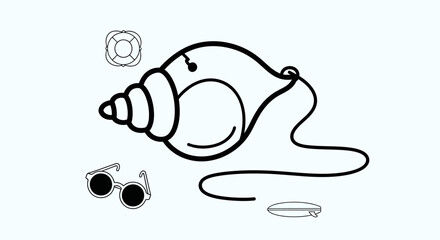 Fototapeta premium Summer beach vacation clip art with seashell, sunglasses, and surfboard.