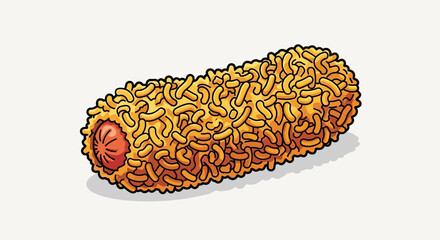 A cartoon corndog covered in crispy fried noodles.