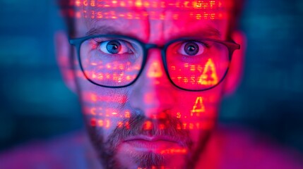 A close-up of a focused person with glasses, illuminated by red and blue digital data, suggesting themes of technology and concentration.