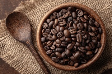 Fototapeta premium Roasted Coffee Beans in Wooden Bowl 