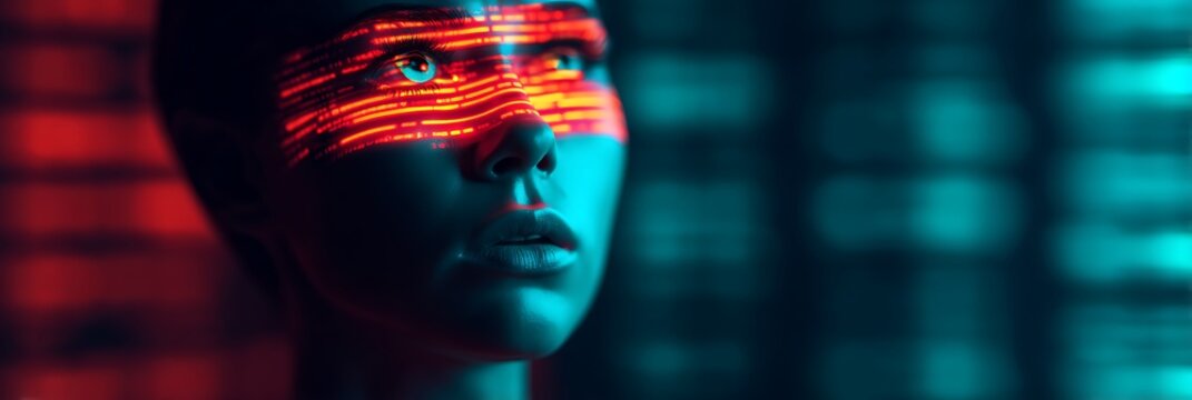 A futuristic face illuminated by neon lights, blending human features with digital elements, emphasizing technology and innovation.