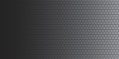 Obraz premium Dark grey abstract wide horizontal banner with hexagon carbon fiber grid and orange luminous lines. Technology vector background with orange neon lines