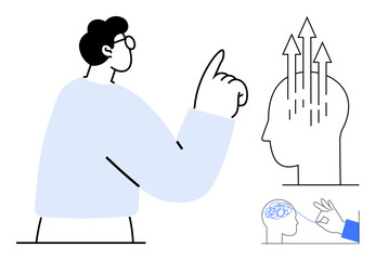 Mental growth concept. Visualizing personal development and intelligence with arrows, brain activity, and gestures. Mental growth for education, innovation, mindset, problem-solving, and creativity