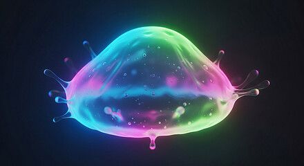 Glowing iridescent liquid droplet with colorful splashes against a dark background
