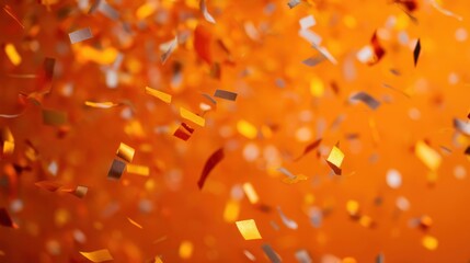 Bright pieces of confetti scatter through the air creating a festive atmosphere against a vivid orange background during a cheerful celebration in the afternoon.